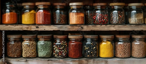 A shelf filled with various types of spices neatly organized in banks showcasing a wide range of colors and textures. © FryArt