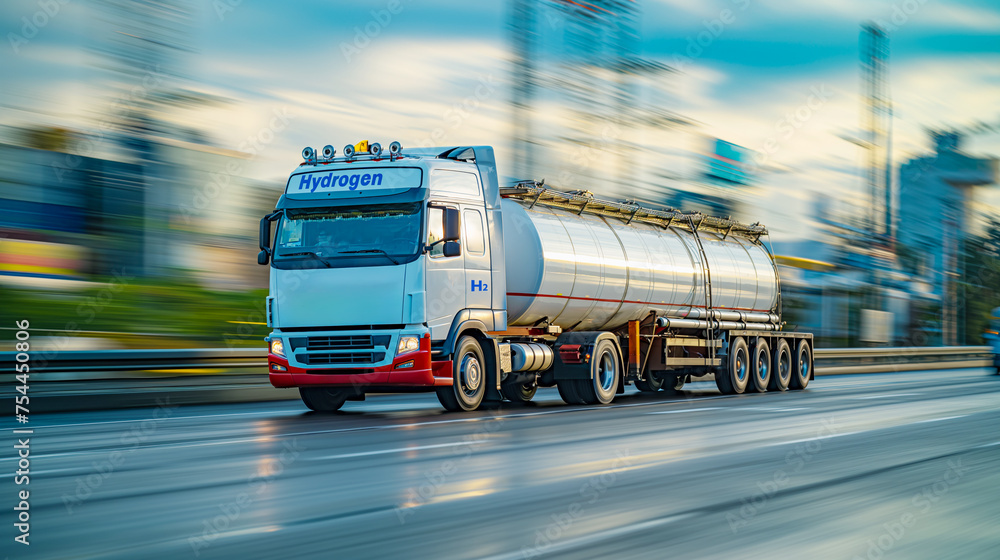 Truck with tank for delivering of hydrogen fuel. Fuel supply H2. - obrazy, fototapety, plakaty 