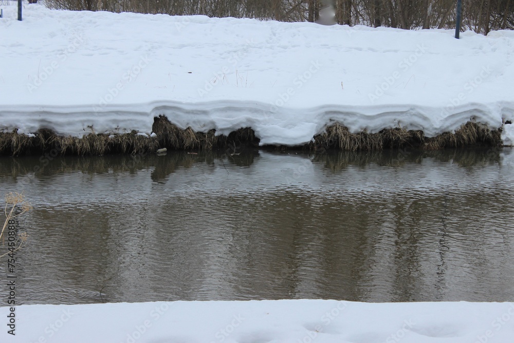 Fototapeta premium A thick layer of snow on the riverbank.Moscow. Russia.