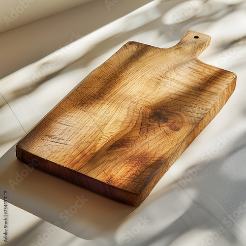Brown wooden chopping board on the table with natural light and shadows. Mockup for food products ads.