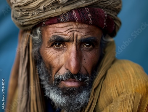 A man with a beard and a turban on his head. He has a serious look on his face