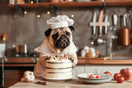 Dog in chef costume making cake. Pug in costume. Pastry chef.