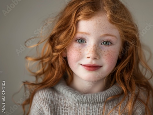 A young girl with red hair and freckles is smiling for the camera. She is wearing a gray sweater and has a red lipstick on