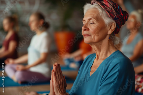 Yoga fitness, class and senior women training for elderly wellness, health and retirement self care in pilates studio. Healthcare, body workout and calm group of people exercise for healthy lifestyle.