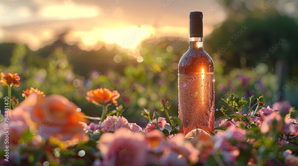 Glass bottle filled with liquid amongst flowers in natural landscape