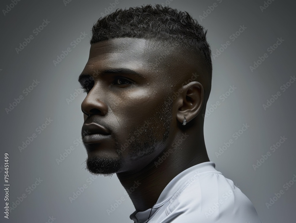 A man with a shaved head and a beard is standing in front of a gray background. He is wearing a white shirt A man with a shaved head and a beard is standing in front of a gray background. He is wearing a white shirt