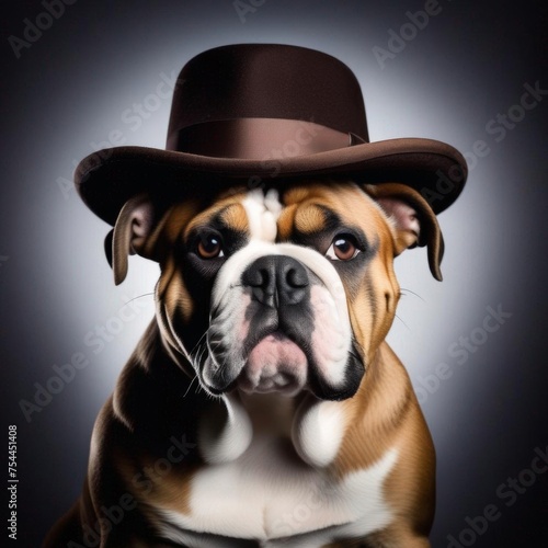 English bulldog wearing a hat - dog looking like elegant gentleman. Barber shop, male salon, accessories and clothes store creative poster. © Dina