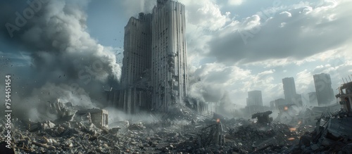 A very tall building emerging from a vast expanse of rubble, showcasing the contrast between urban structure and destruction.