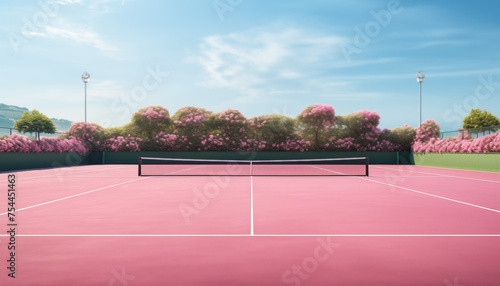 Pink tennis court and tennis net in front of plants with pink flowers on background.