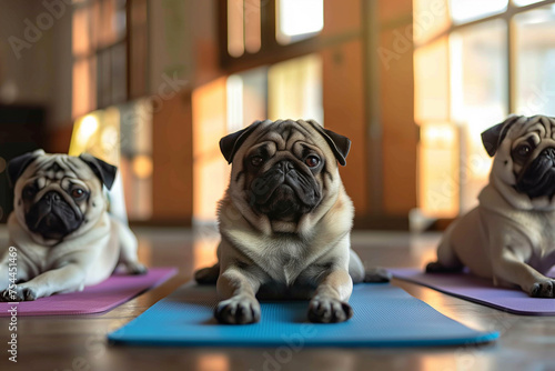 Pugs in sporty costumes engage in yoga, focusing on their poses, showcasing flexibility and endurance. Dogs doing sport. © sashka1313