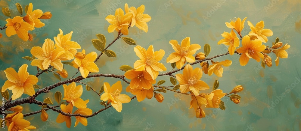 A detailed painting featuring bright yellow flowers blooming on a branch, adding a touch of color and beauty to the scene. A detailed painting featuring bright yellow flowers blooming on a branch, adding a touch of color and beauty to the scene.