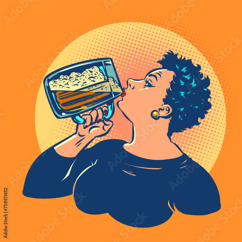 Promotions and offers for bar and tavern clients. A woman with a short haircut drinks beer. October fest and its participants enjoy the holiday.