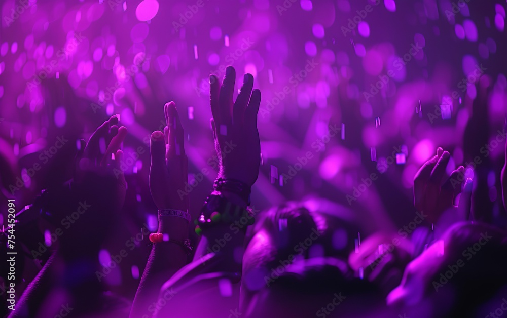 A crowd of people are at a concert, with their hands raised in the air. The atmosphere is lively and energetic, with everyone enjoying the music and the performance