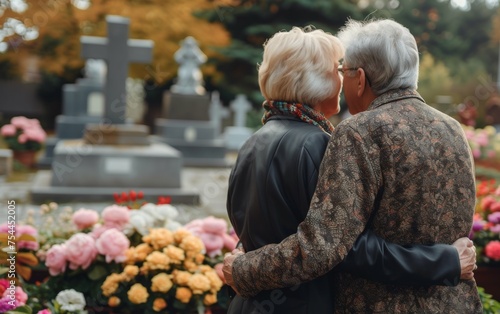 A couple is standing in front of a cemetery, holding hands and looking at the flowers. Scene is somber and reflective, as the couple is likely visiting the graves of their loved ones