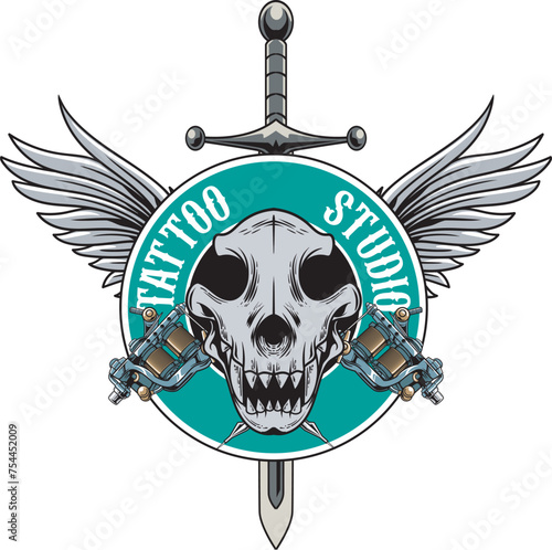 Vector Illustration of Animal Skull with Wings, Sword, Tattoo Tools and TATTOO STUDIO text with Vintage Hand Drawing Style Available for Logo Badge