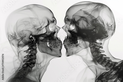 Creative X-Ray of two people kissing. Radiograph two skulls kiss. photo