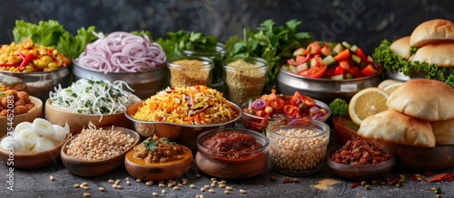 A table covered with an assortment of different types of food items, showcasing a variety of colors, textures, and flavors.