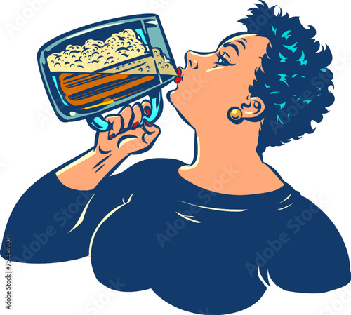 Promotions and offers for bar and tavern clients. A woman with a short haircut drinks beer. October fest and its participants enjoy the holiday.