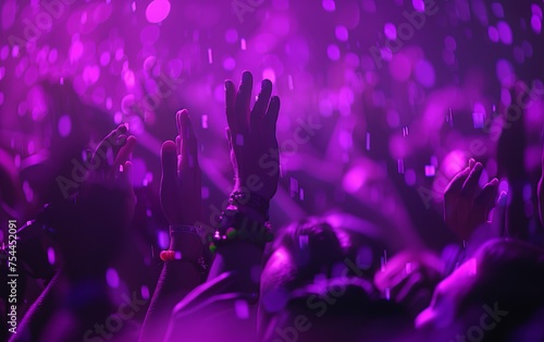 A crowd of people are at a concert, with their hands raised in the air. The atmosphere is lively and energetic, with everyone enjoying the music and the performance