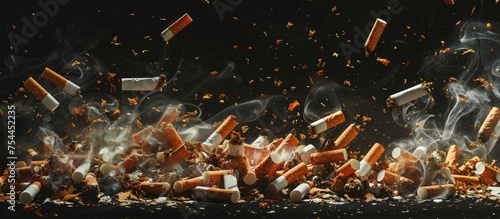 A collection of cigarettes piled together with smoke rising from them, symbolizing the harmful effects of smoking on health and the environment. photo