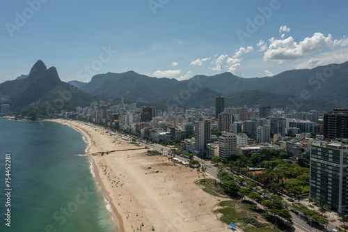 Ipanema and Leblon beach aerial view from a drone during sunny summer day.