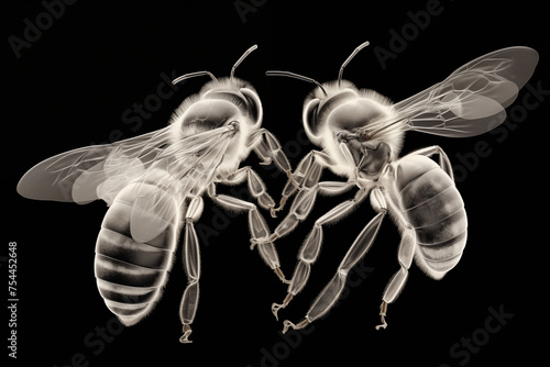 Macro photo, X-ray effect, of two bees on black background.