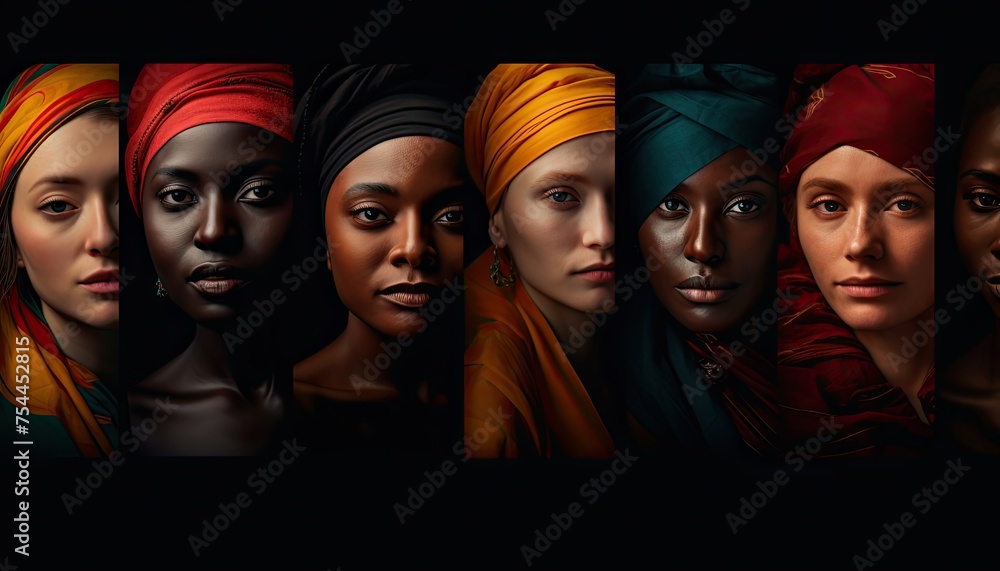 A group of women from various cultural backgrounds are gathered together, each wearing a distinct headscarf in vibrant colors. They appear engaged in a diversity training session. - obrazy, fototapety, plakaty 