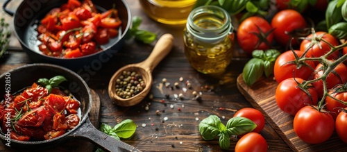 Assorted tomatoes, basil, and other ingredients are neatly spread out on a wooden table.