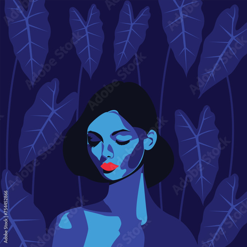 Abstract Blue woman among the leaves at night.