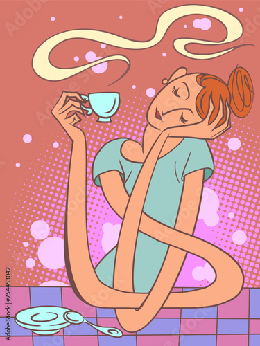 A woman with long arms enjoys a hot drink. Harmony with yourself. Logo for a coffee shop or restaurant.