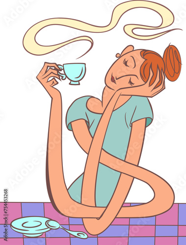 A woman with long arms enjoys a hot drink. Harmony with yourself. Logo for a coffee shop or restaurant.
