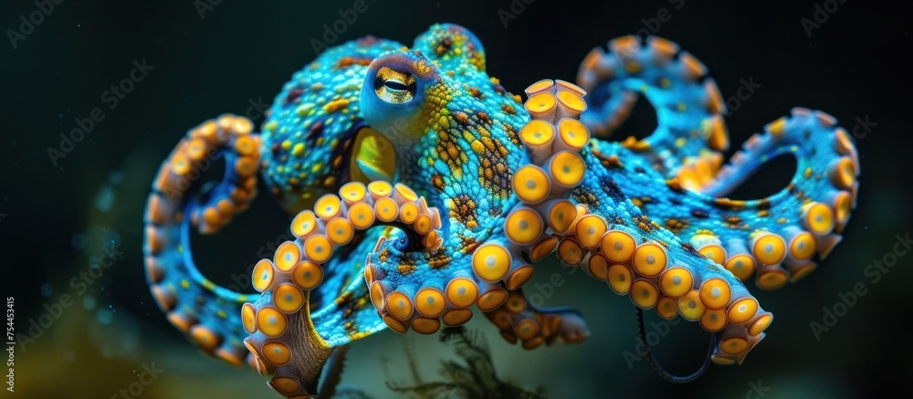 Obraz premium A close-up view of a blue and yellow Blue Octo in an aquarium, showing its tentacles and suckers as it moves gracefully in the water.