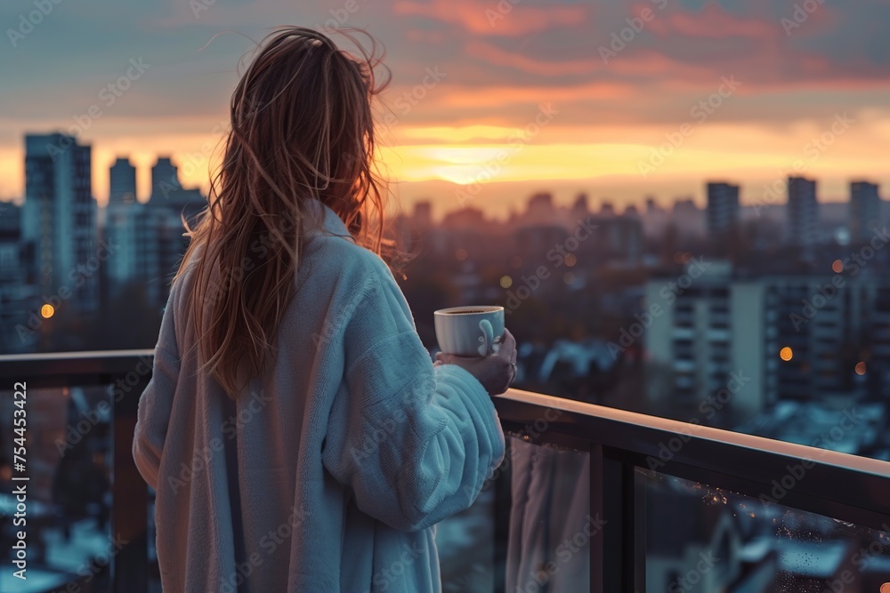 Woman Standing on Balcony With Coffee Cup