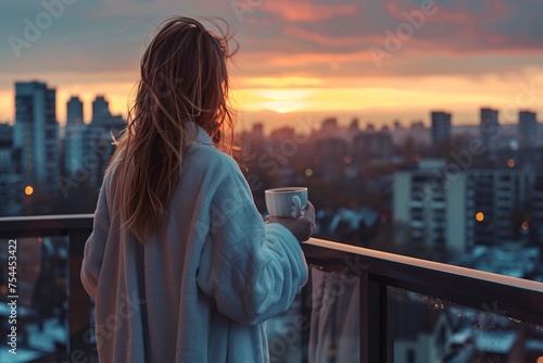 Woman Standing on Balcony With Coffee Cup