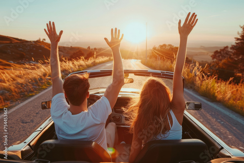 Happy couple driving on country road with raised hands. Friends going on road trip travel on summer day. Generative AI photo