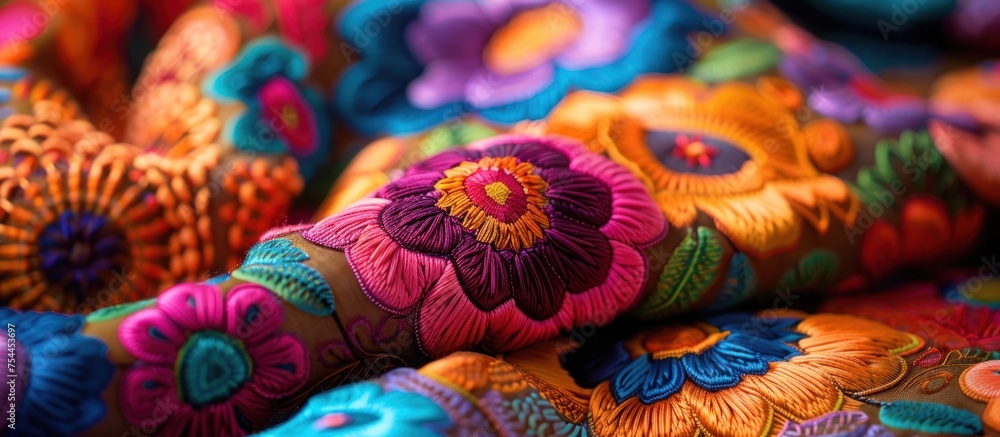 Detailed view of a vibrant cloth adorned with colorful flowers in various hues and shapes. Detailed view of a vibrant cloth adorned with colorful flowers in various hues and shapes.