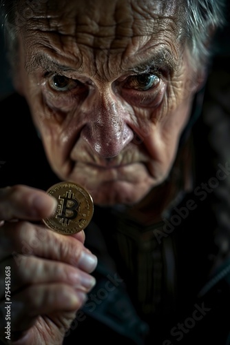 Elderly Man Holding Bitcoin