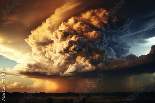 Realistic image. massive tornado against dark sky with swirling sunlight for high quality effect