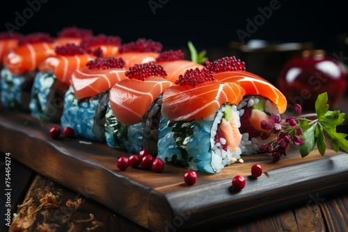 Captivating sushi roll display with soy sauce  wasabi  and chopsticks on japanese tableware