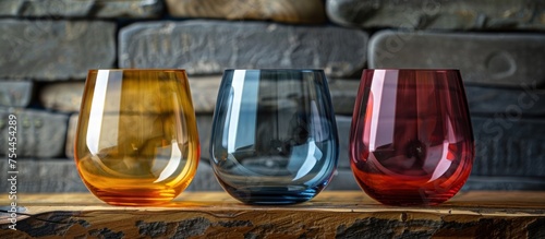 Three elegant wine glasses with different vibrant colors sitting neatly on a wooden table.