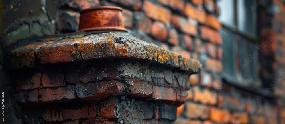 Naklejka premium A close-up view of a brick wall with a rusted metal pipe protruding from it, showing the weathered and aged elements of both materials.