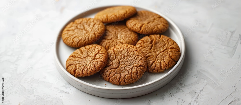 A white plate filled with ginger cookies sits on a wooden table from a top-down perspective. A white plate filled with ginger cookies sits on a wooden table from a top-down perspective.
