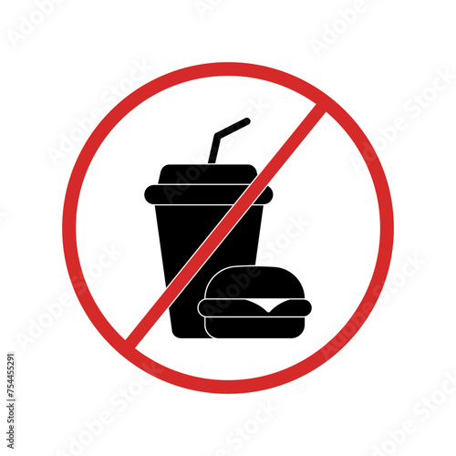 No food and drink forbidden sign. No hamburger, no drink icon. Round red sticker. Vector illustration