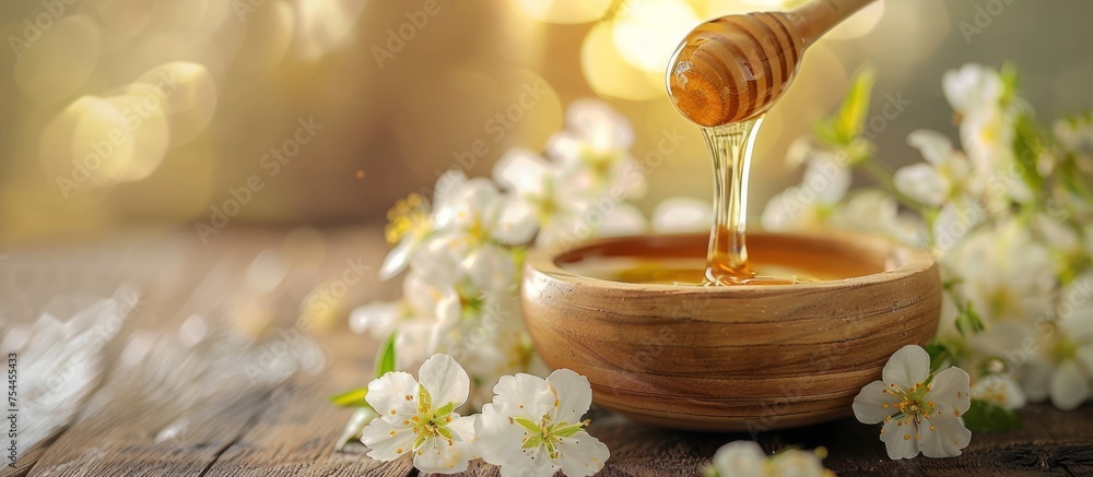 A honey dipper is seen pouring honey into a wooden bowl placed on an acacia wooden table. - obrazy, fototapety, plakaty 