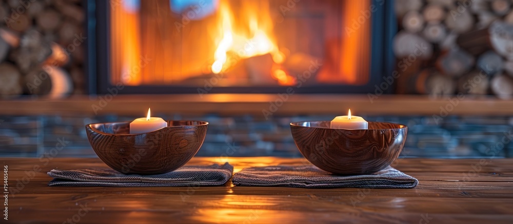 Two wooden bowls with lit candles placed in front of a fireplace in a cozy room setting.