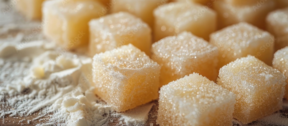 Close-up view of several sugar cubes neatly arranged on a table, showcasing their square shapes and granulated texture.
