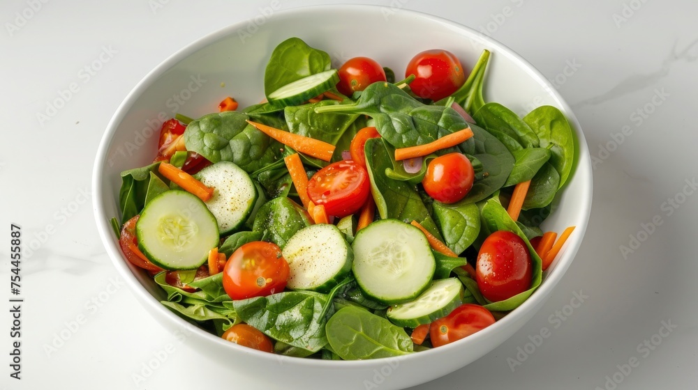 An overhead shot of a colorful mixed vegetable salad with cherry tomatoes, spinach, cucumbers, and carrots, served in a white ceramic bowl. The image captures the freshness of the vegetables with a cr