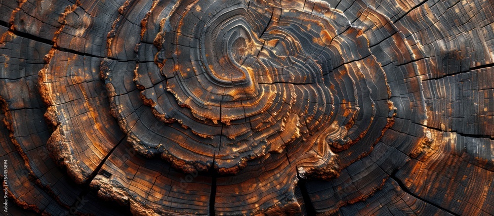 Close up view of a tree trunk, revealing the growth rings forming intricate patterns over time. Close up view of a tree trunk, revealing the growth rings forming intricate patterns over time.