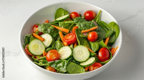 An overhead shot of a colorful mixed vegetable salad with cherry tomatoes, spinach, cucumbers, and carrots, served in a white ceramic bowl. The image captures the freshness of the vegetables with a cr