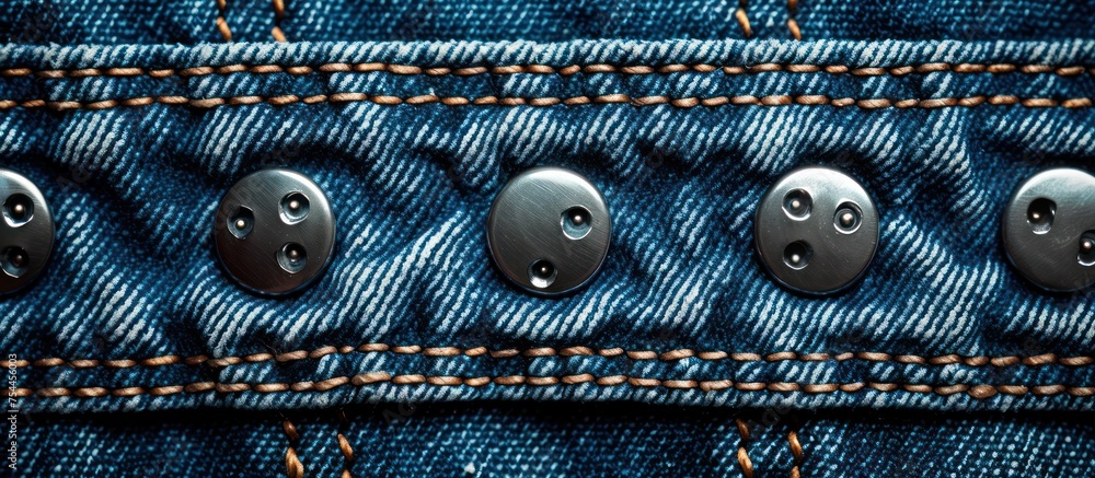 Close-up of five silver buttons on the back of blue denim jeans. Close-up of five silver buttons on the back of blue denim jeans.